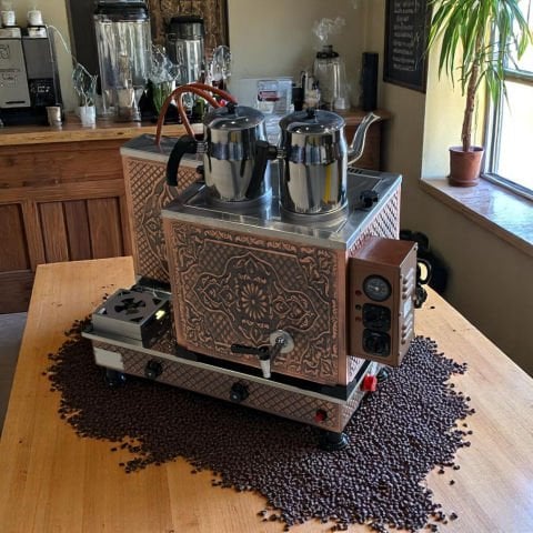 Bakır Full 2 Demlikli Kahveci Çay Ocağı Takımı Otomatik Arıtmalı - Şamandıralı Elektrikli + Tüplü - Kahve Gözlü