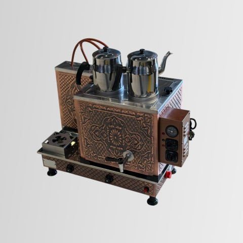 Bakır Full 2 Demlikli Kahveci Çay Ocağı Takımı Otomatik Arıtmalı - Şamandıralı Elektrikli + Tüplü - Kahve Gözlü