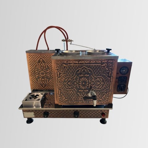 Bakır Full 2 Demlikli Kahveci Çay Ocağı Takımı Otomatik Arıtmalı - Şamandıralı Elektrikli + Tüplü - Kahve Gözlü