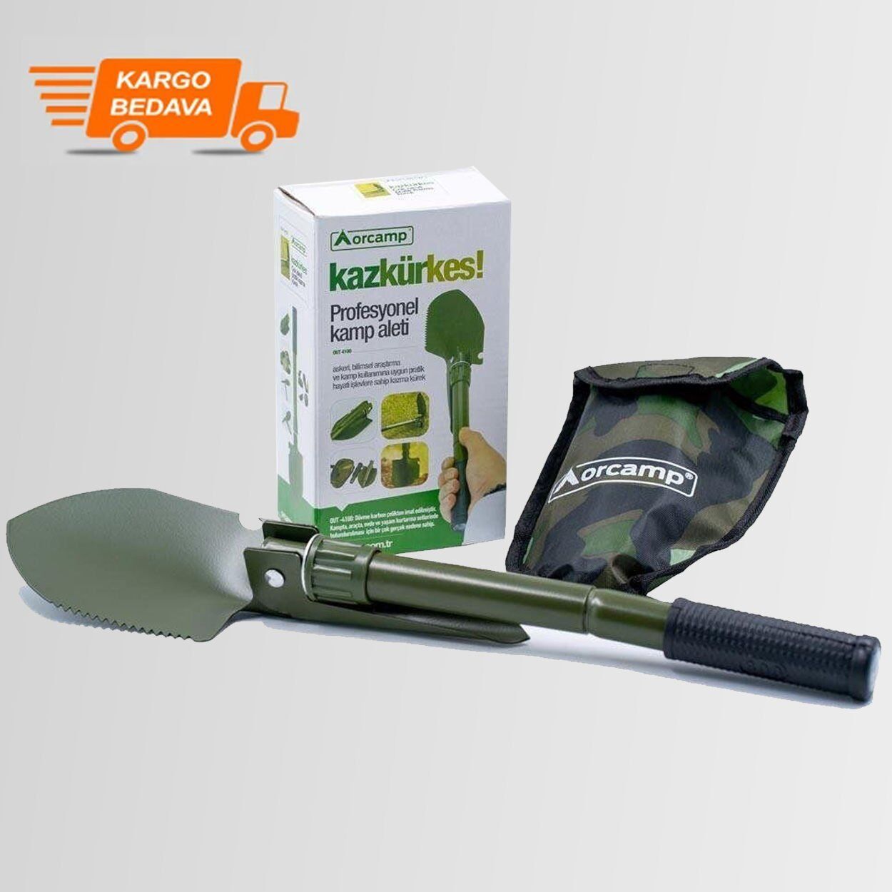 Orcamp OUT-4100 Katlanabilir Metal Kazma Kürek Seti - Pusula - Testere - Şişe Açacağı ( Açık hali 41,5 cm)