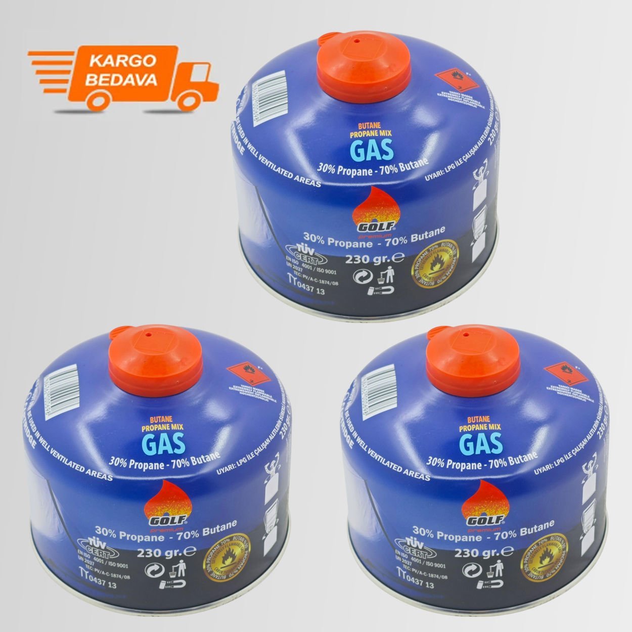 3'lü Set - GOLF Butan Propan Kamp Gazı Valfli Kartuş 230 GR