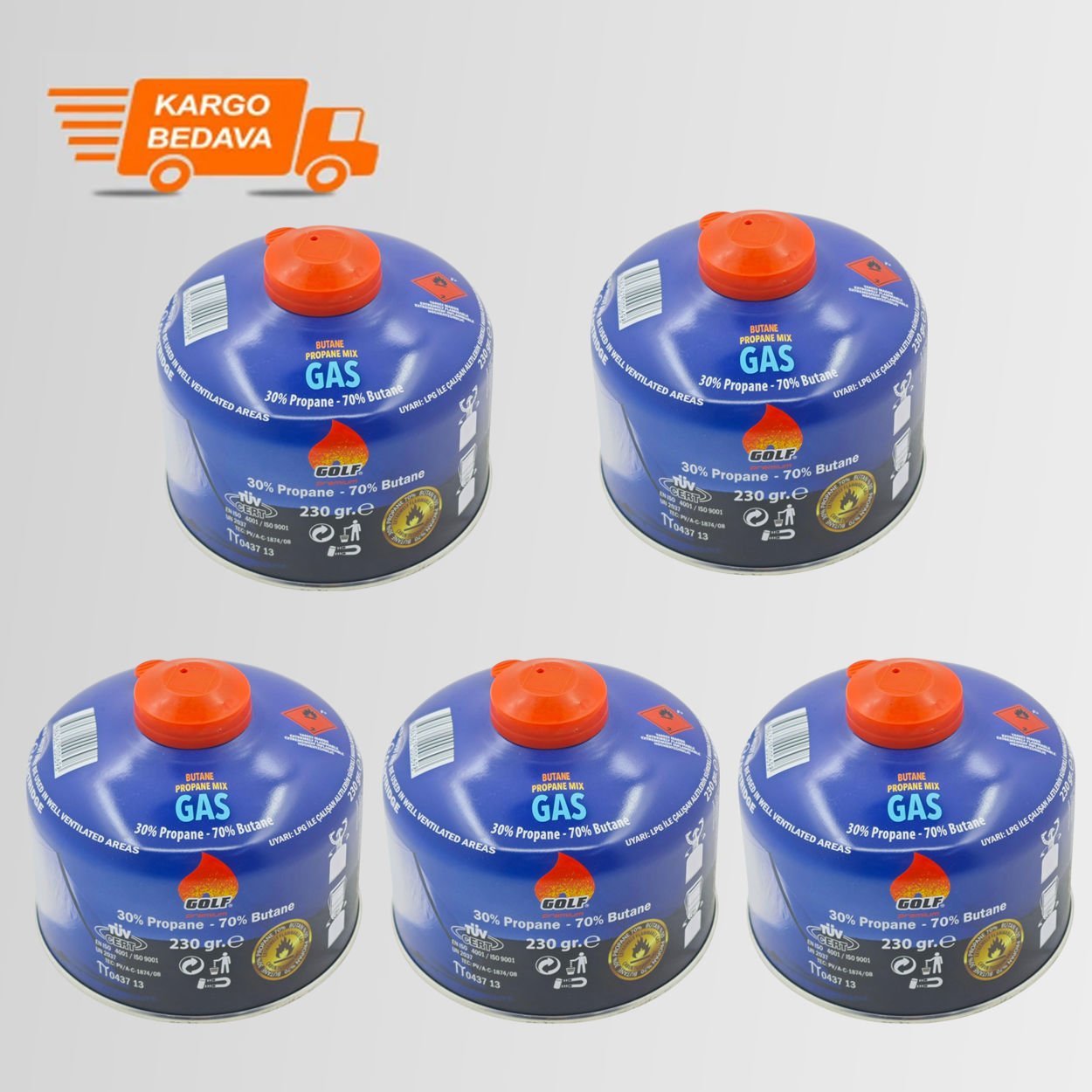 5'li Set - GOLF Butan Propan Kamp Gazı Valfli Kartuş 230 GR