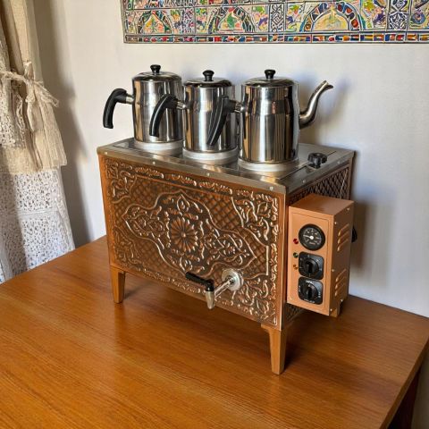 Bakır Full 3 Demlikli Kahveci Çay Ocağı Takımı Otomatik Şamandıralı Termostatlı Elektrikli