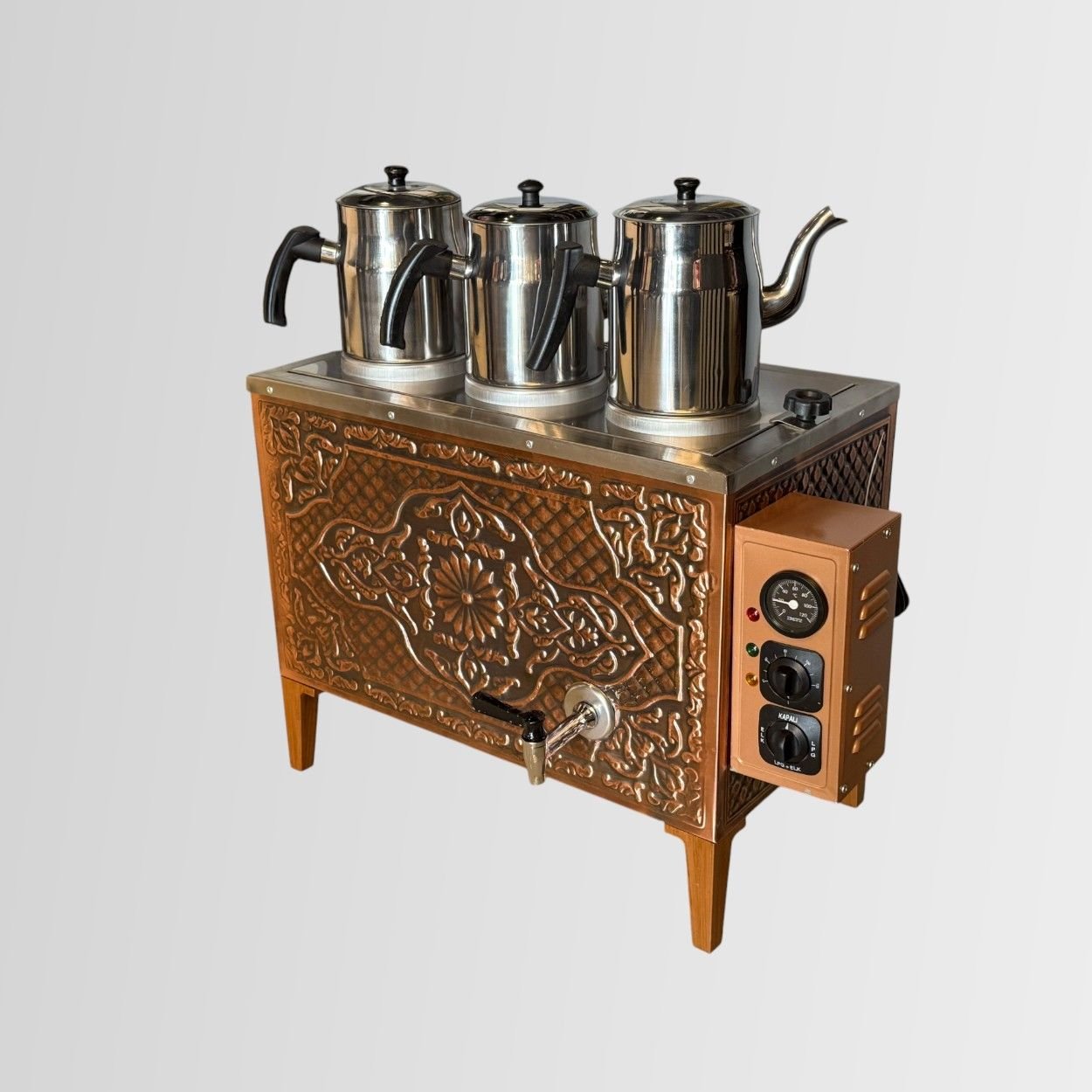 Bakır Full 3 Demlikli Kahveci Çay Ocağı Takımı Otomatik Şamandıralı Termostatlı Elektrikli