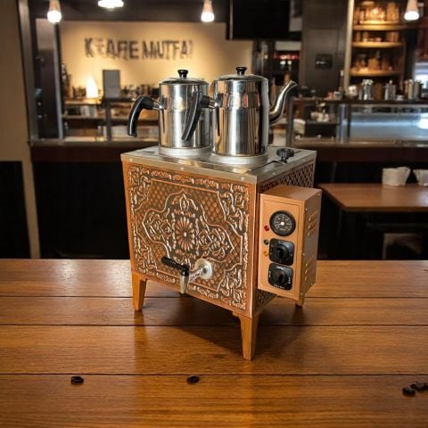 Bakır Full 2 Demlikli Kahveci Çay Ocağı Takımı Otomatik Şamandıralı Termostatlı Elektrikli