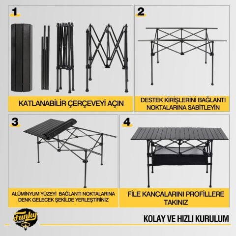 FUNKY CHAIRS Family XL Katlanabilir Alüminyum Kamp Masası (120x55x68) Siyah