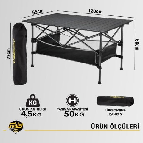 FUNKY CHAIRS Family XL Katlanabilir Alüminyum Kamp Masası (120x55x68) Siyah