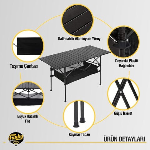 FUNKY CHAIRS Family XL Katlanabilir Alüminyum Kamp Masası (120x55x68) Siyah