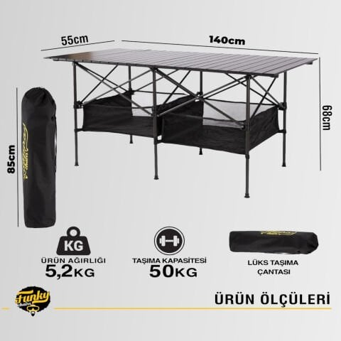 FUNKY CHAIRS Family XXL Katlanabilir Alüminyum Kamp Masası (140x55x68cm) – Siyah