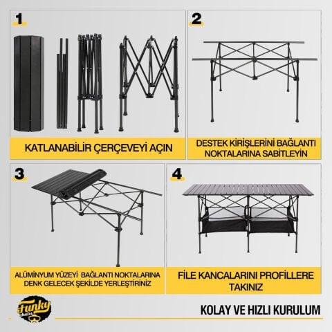 FUNKY CHAIRS Family XXL Katlanabilir Alüminyum Kamp Masası (140x55x68cm) – Siyah