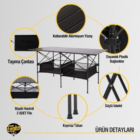 FUNKY CHAIRS Family XXL Katlanabilir Alüminyum Kamp Masası (140x55x68cm) – Siyah