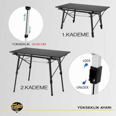 FUNKY CHAIRS Elite Alüminyum Teleskopik Ayaklı Kamp Piknik Masası – Siyah