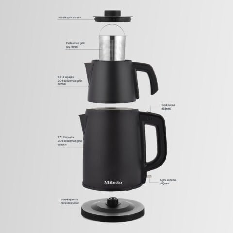 Miletto Siyah 2000W Gizli Rezistanslı Otomatik Çay Makinesi 2,9 lt - MT20S