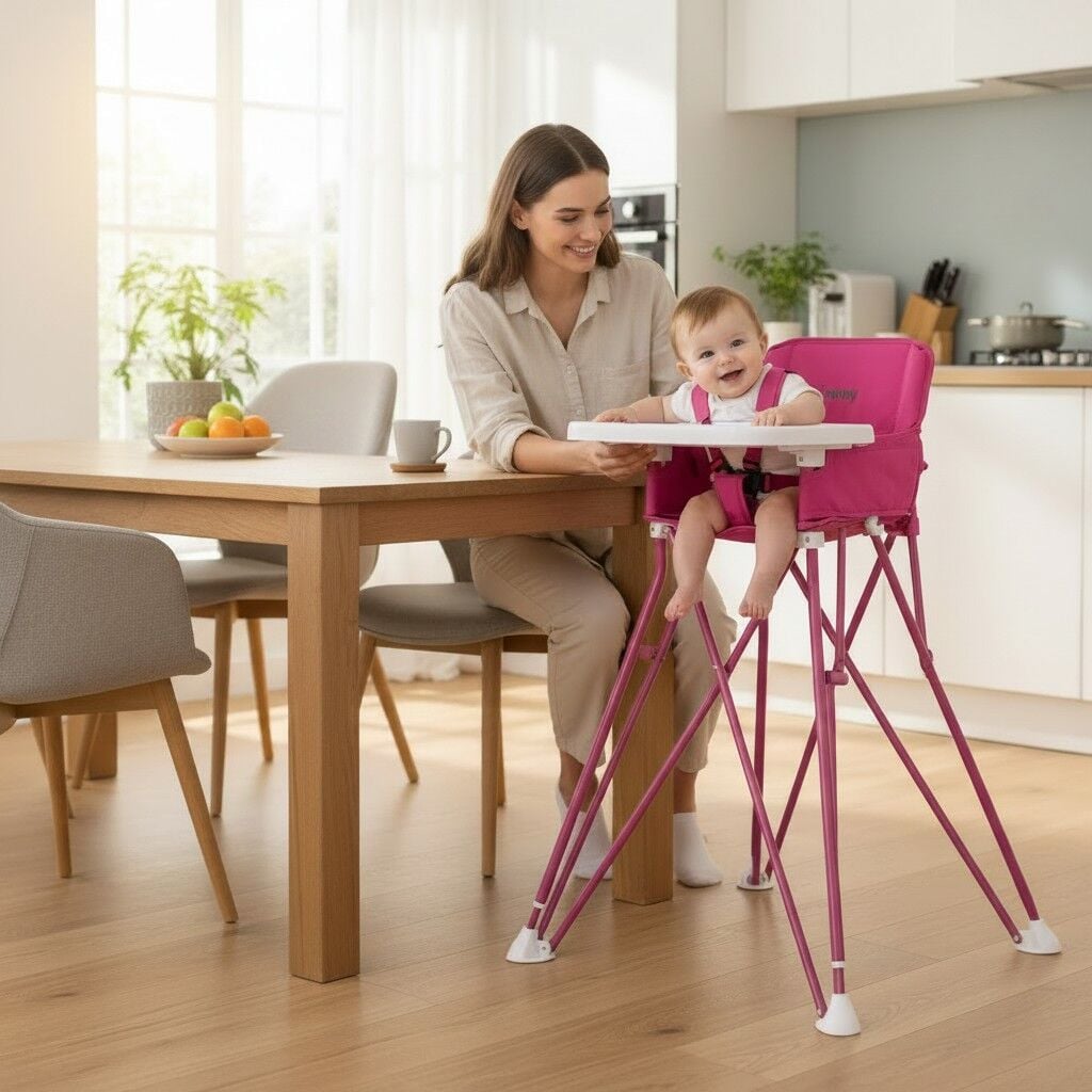 NANNY High Tepsili Portatif Katlanabilir Lüks Mama Sandalyesi - Pembe
