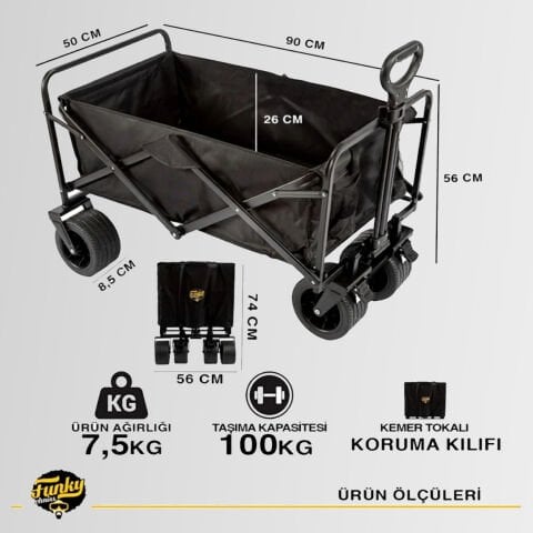 FUNKY CHAIRS 100 Litre Fren Sistemli, Rulmanlı, Kalın Teker, XL Boy Katlanır Vagon Plaj Taşıma ve Kamp Arabası - Siyah Jant