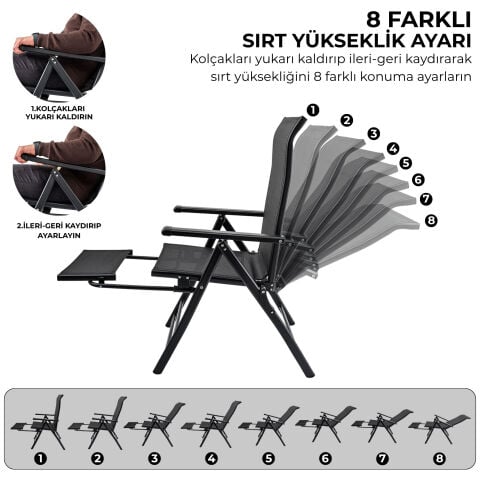 Argeus Sırt Ayarlı Katlanabilir Kamp Sandalyesi - 8 Kademeli - Bacak Uzatmalı - Şezlong - Recline