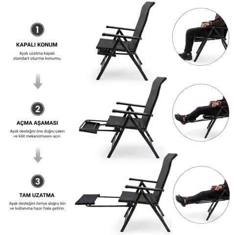 Argeus Sırt Ayarlı Katlanabilir Kamp Sandalyesi - 8 Kademeli - Bacak Uzatmalı - Şezlong - Recline