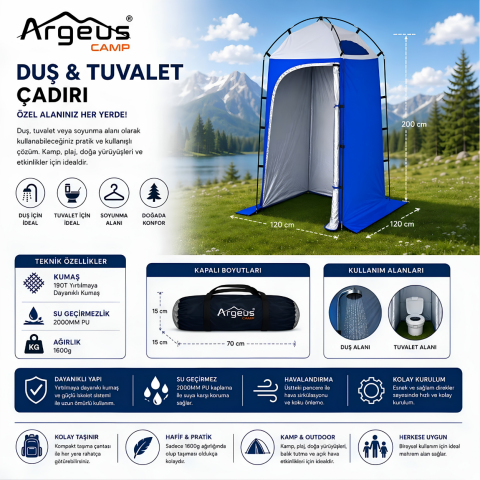 Argeus ARG-214 Duş Tuvalet Giyinme Plaj Çadırı - Kamp Duş WC Kabini