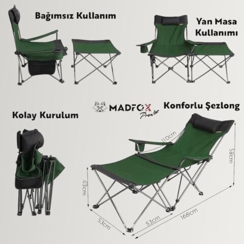 Madfox Prowler Katlanabilir 3 Kademeli Yatabilen Kamp Sandalyesi - Şezlong Green/Black