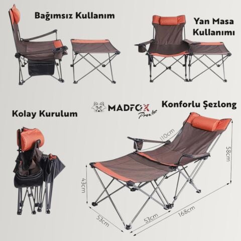 Madfox Prowler Katlanabilir 3 Kademeli Yatabilen Kamp Sandalyesi - Şezlong Brown/Orange
