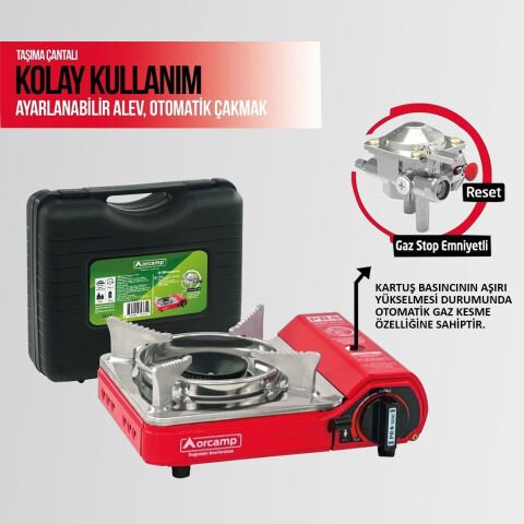CK-506 Orcamp Mini Tekli Kamp Ocak Çantalı Gaz Stop Emniyetli Kırmızı