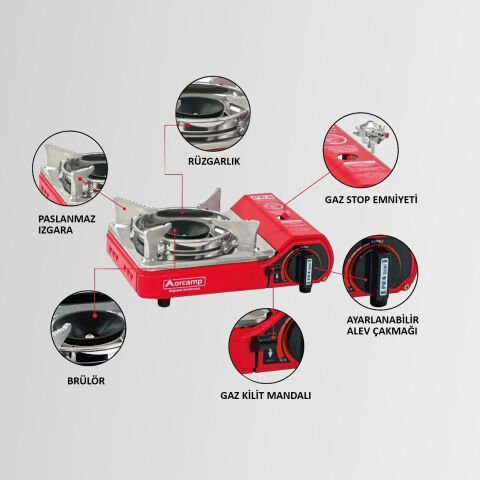 CK-506 Orcamp Mini Tekli Kamp Ocak Çantalı Gaz Stop Emniyetli Kırmızı