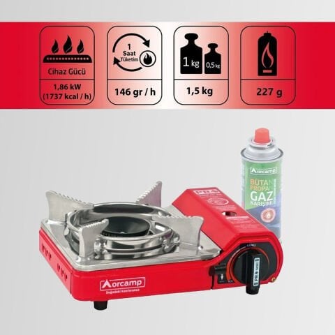 CK-506 Orcamp Mini Tekli Kamp Ocak Çantalı Gaz Stop Emniyetli Kırmızı