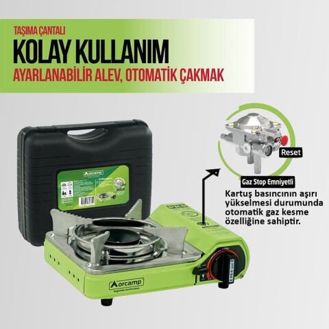 CK-506 Orcamp Mini Tekli Kamp Ocak Çantalı Gaz Stop Emniyetli Yeşil