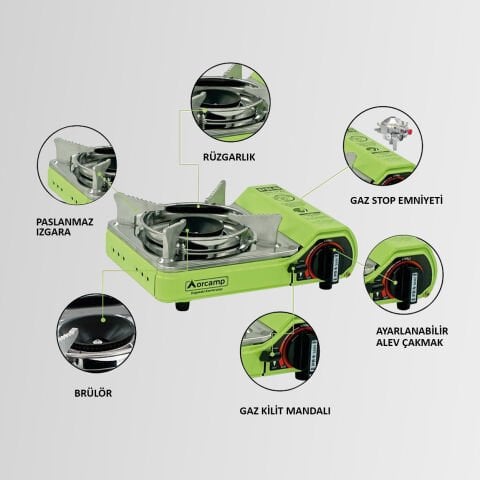 CK-506 Orcamp Mini Tekli Kamp Ocak Çantalı Gaz Stop Emniyetli Yeşil