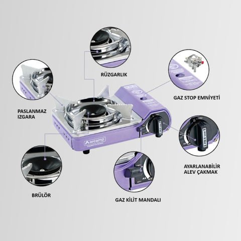 CK-506 Orcamp Mini Tekli Kamp Ocak Çantalı Gaz Stop Emniyetli Mor