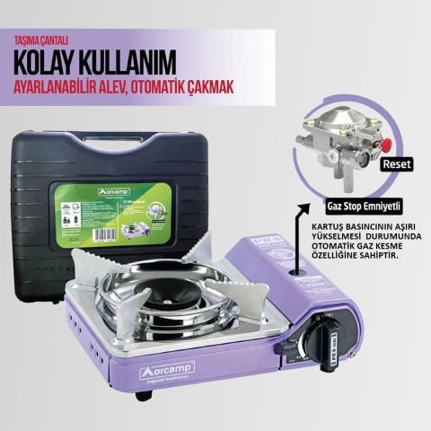 CK-506 Orcamp Mini Tekli Kamp Ocak Çantalı Gaz Stop Emniyetli Mor