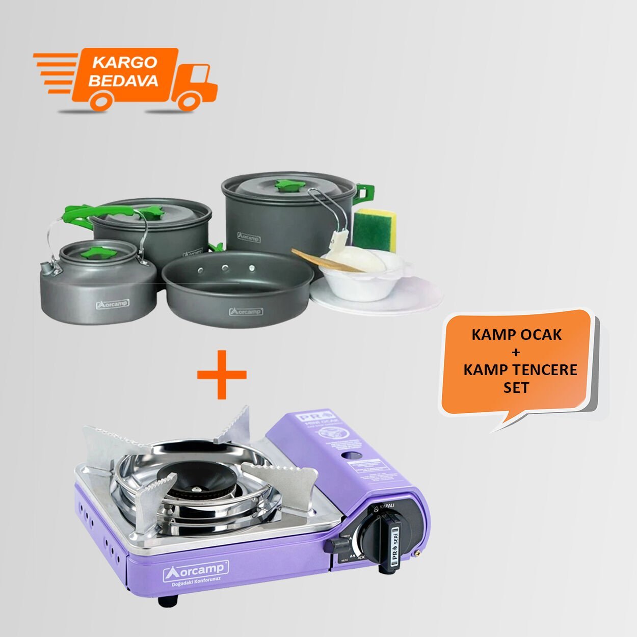 Orcamp CK-506 Kamp Ocak + OUT-1050 Kamp Tencere Seti Mor