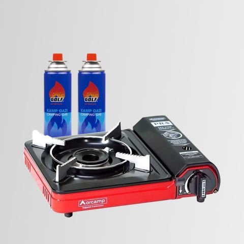 Orcamp CK-505 Portatif Kamp Ocak + 2 Golf Kartuş Set KIRMIZI