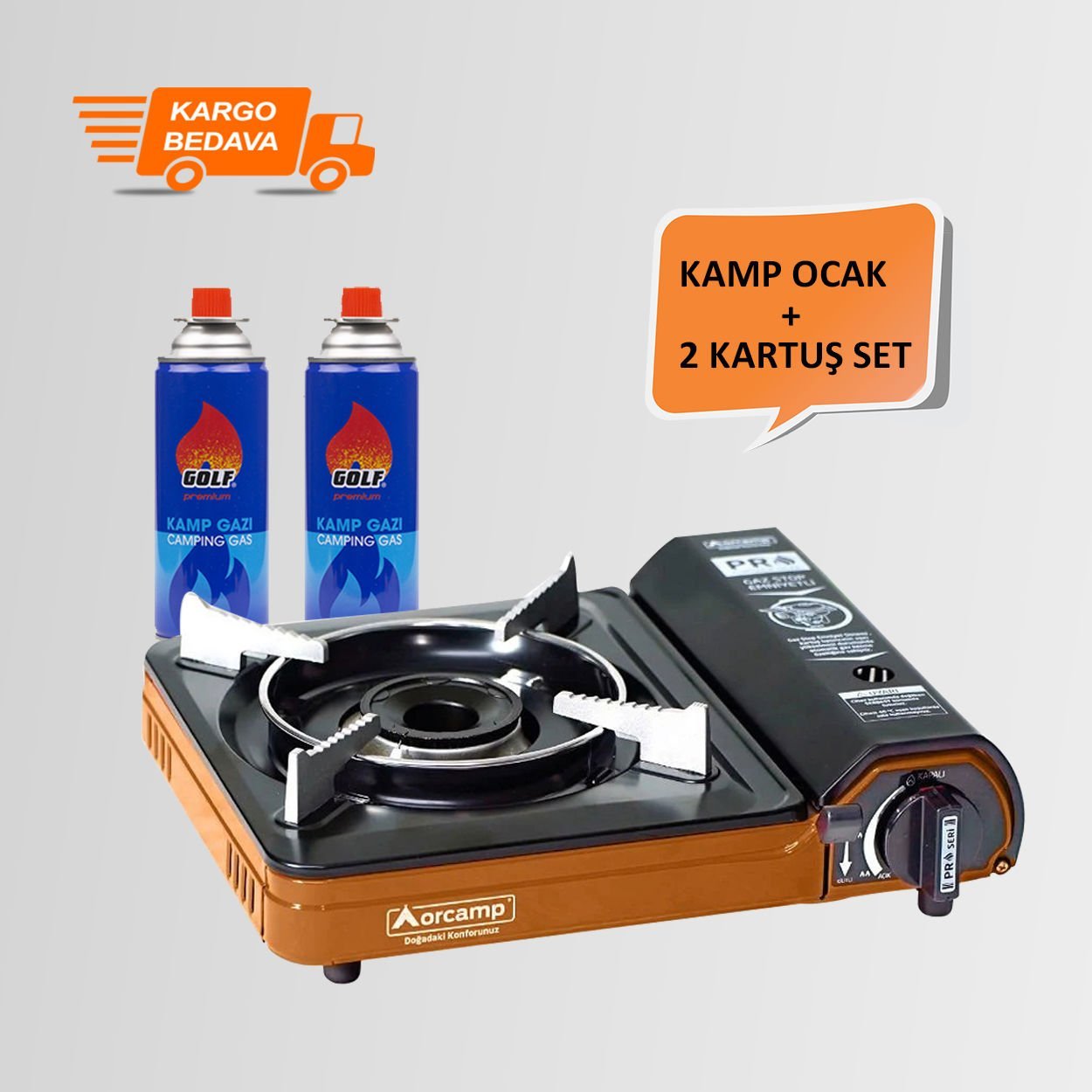 Orcamp CK-505 Portatif Kamp Ocak + 2 Golf Kartuş Set TURUNCU