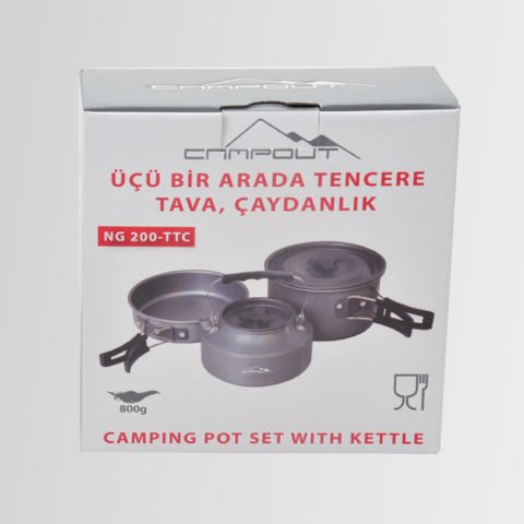 Nurgaz NG-200-TTC Outdoor Yemek Kapları - Servis Kaşıkları - Üçü Bir Arada Kamp Tencere Tava Çaydanlık Seti