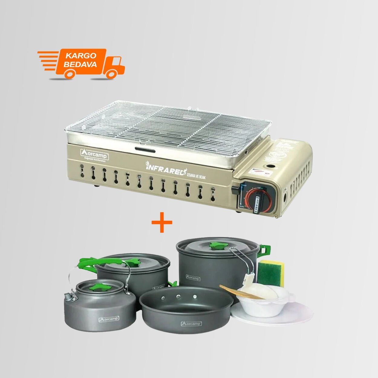 CK-507 Orcamp Portatif Kamp Ocak Izgara  - Out 1050 Tencere  Seti BEJ