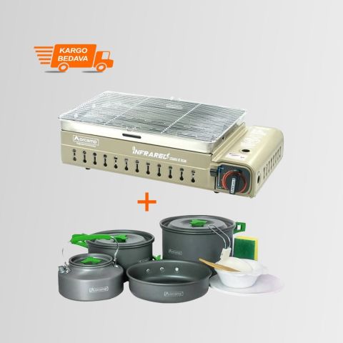 CK-507 Orcamp Portatif Kamp Ocak Izgara  - Out 1050 Tencere  Seti BEJ