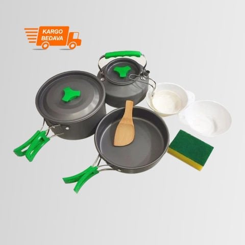 Orcamp OUT-1150 Outdoor Yemek Kapları - 3'lü Kamp Tencere Tava Çaydanlık Seti