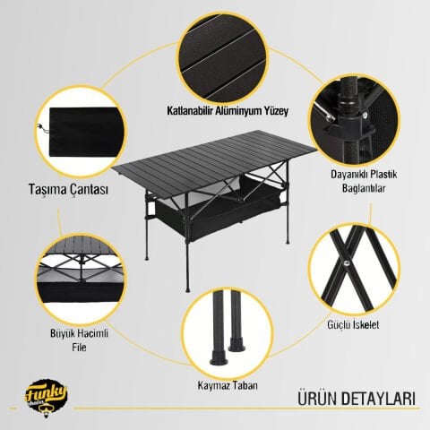 FUNKY CHAIRS Family Large Katlanabilir Alüminyum Kamp Masası (95x55x68cm) – Siyah