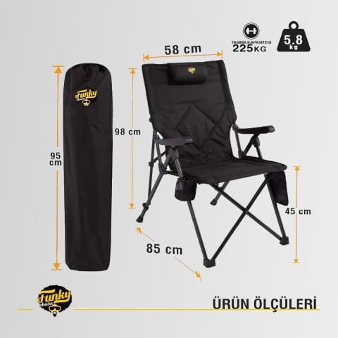 FUNKY CHAIRS Comfort 3 Kademeli Katlanabilir Kamp Sandalyesi SİYAH