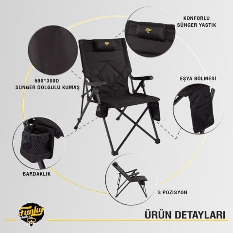 FUNKY CHAIRS Comfort 3 Kademeli Katlanabilir Kamp Sandalyesi SİYAH
