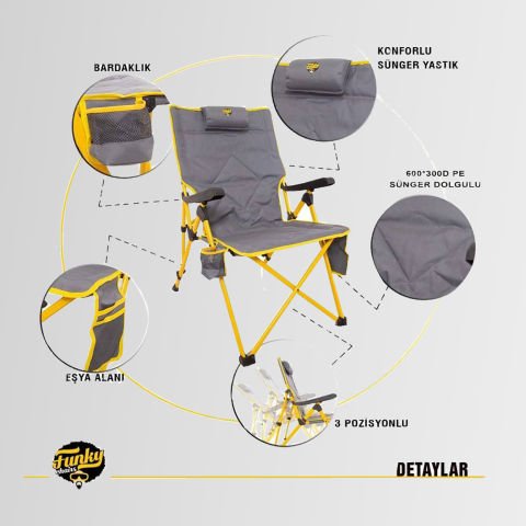 FUNKY CHAIRS Comfort 3 Kademeli Katlanabilir Kamp Sandalyesi SARI