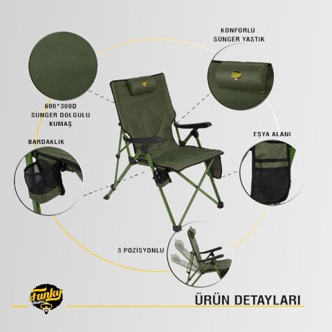 FUNKY CHAIRS Comfort 3 Kademeli Katlanabilir Kamp Sandalyesi Haki